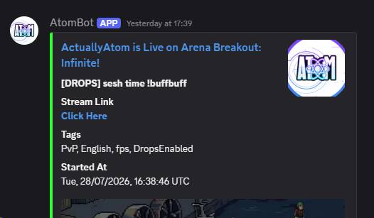 Screenshot of a Discord channel showing a message telling viewers about Atombot's latest steam